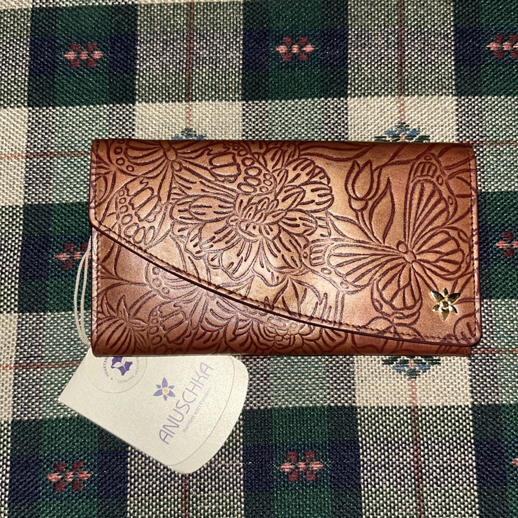 Anuschka Accordion Flap Wallet Tooled Butterfly Wine. Nwt